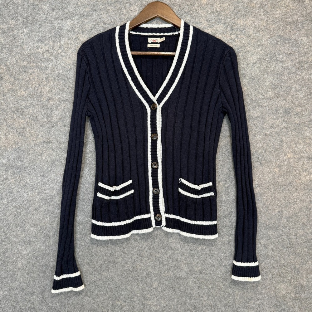 Faherty‎ Organic Cotton Cashmere Cardigan Sweater Womens XS Ribbed Blue Stripe